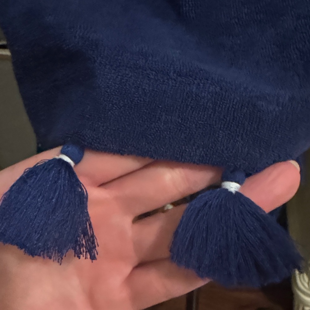 Elegant Blue Off-Shoulder Dress - Cabana Life - Navy Blue Terrycloth & tassels S - Picture 7 of 12